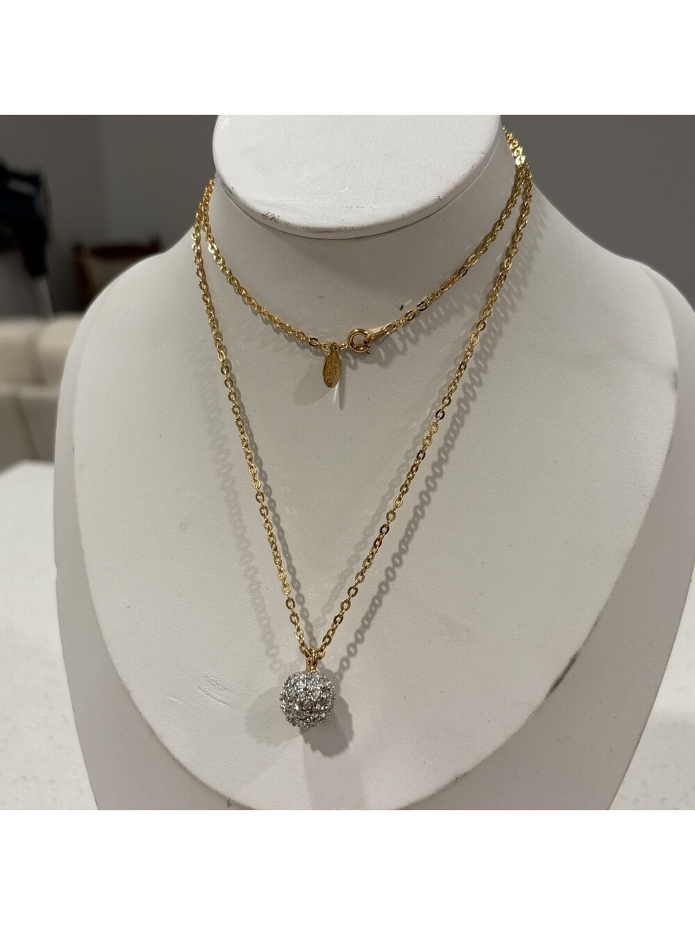 Designer Joan Rivers Pave rhinestone disco ball Pendant Necklace 30" L Goldtone